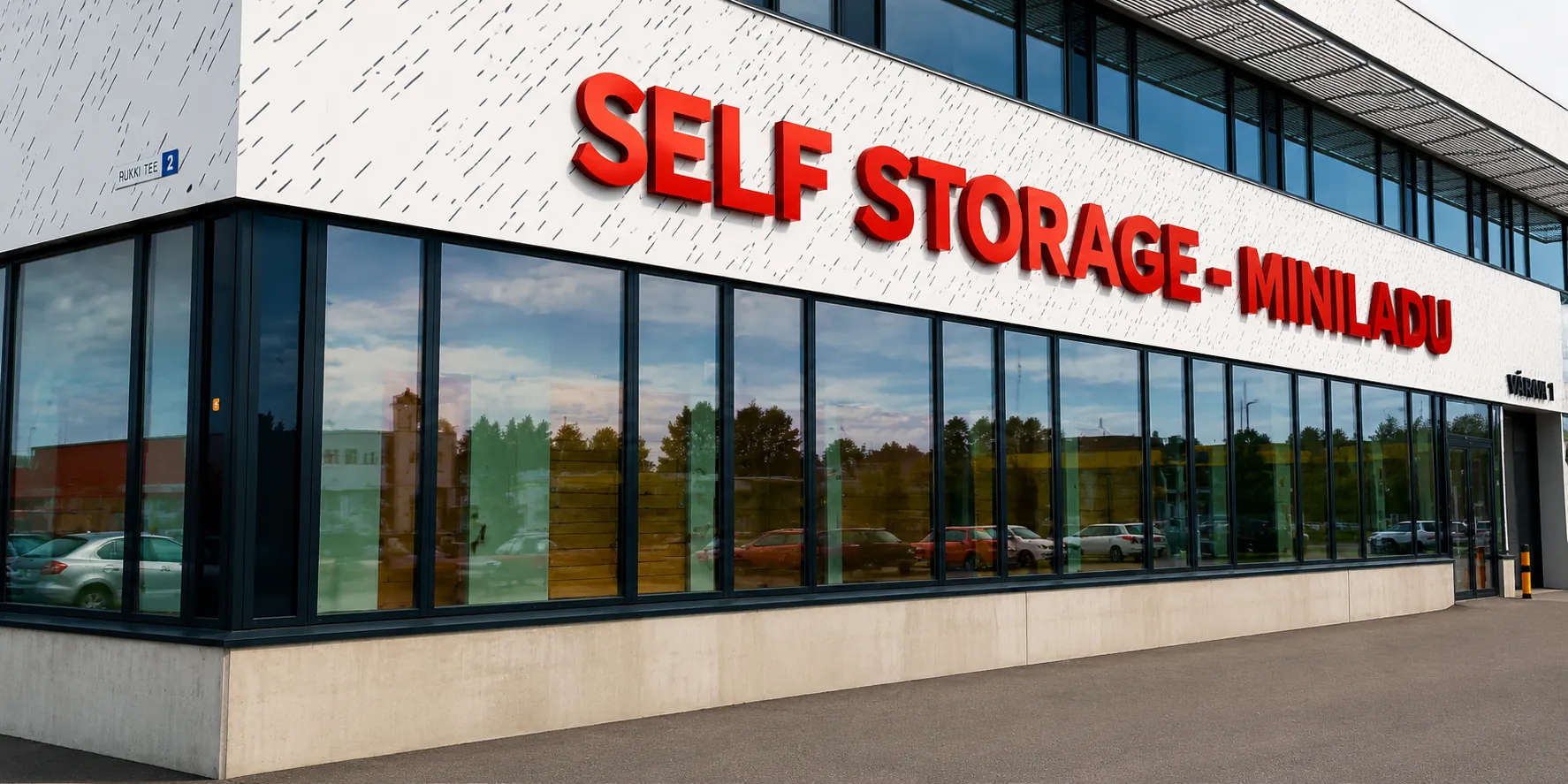 Rukki 2 klaasfassaad punase kirjaga SELF STORAGE – MINILADU